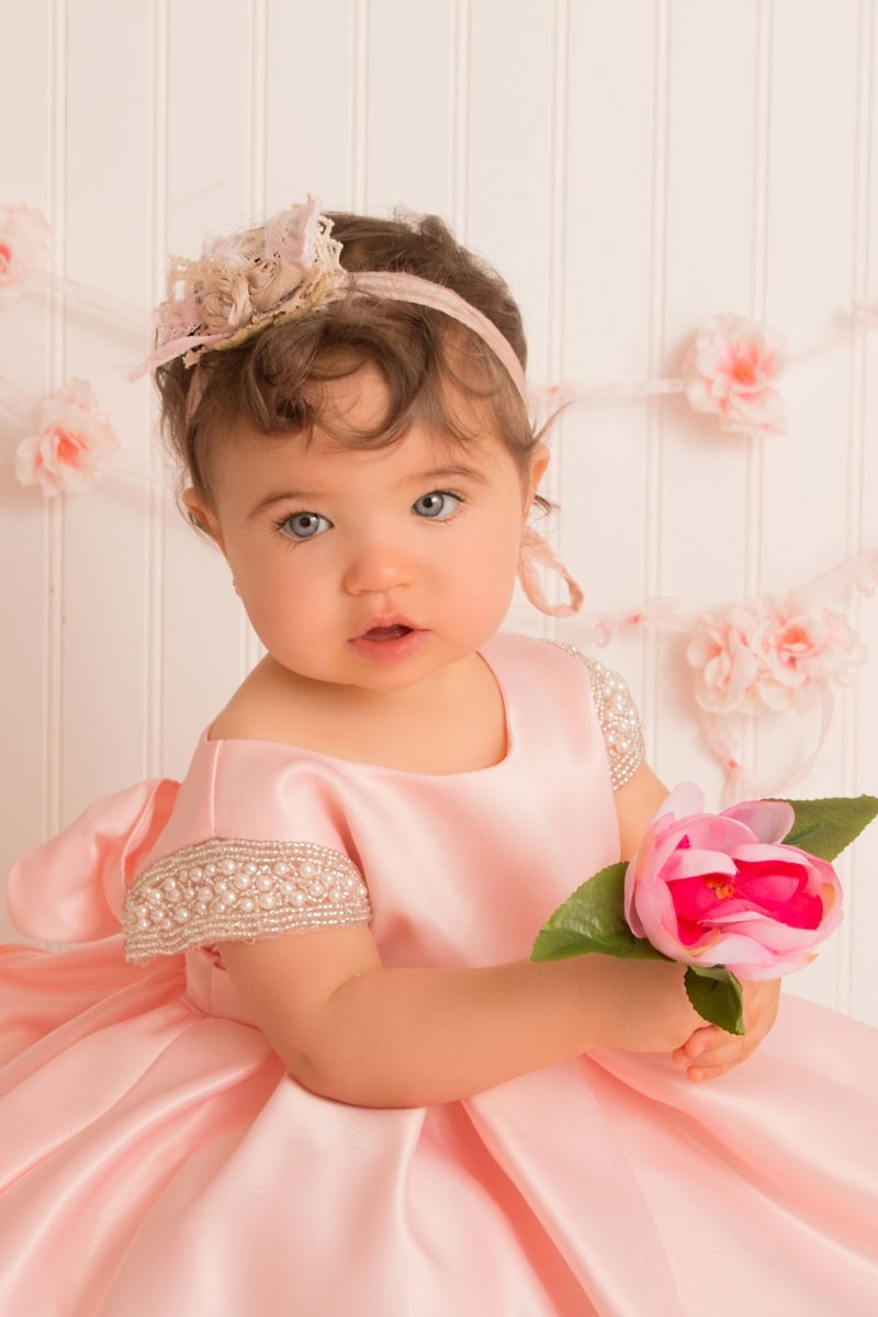 Satin Dress Beaded Short Sleeves Baby Dress 18 Months / White Satin Dress Beaded Short Sleeves Baby Dress 18 Months / White
