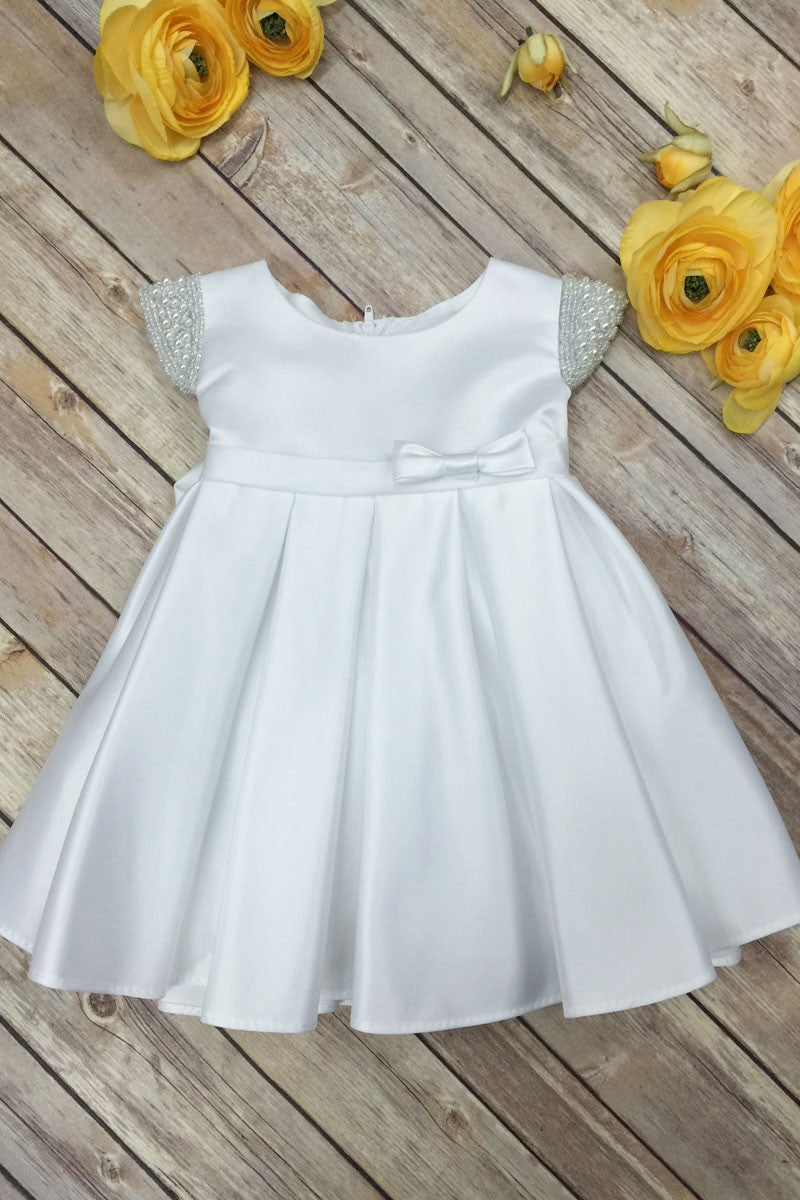Satin Dress Beaded Short Sleeves Baby Dress 18 Months / White Satin Dress Beaded Short Sleeves Baby Dress 18 Months / White