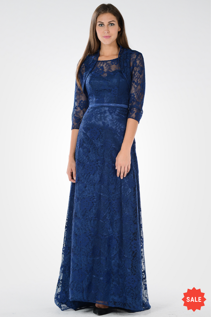 3/4 Sleeves Floor Length Lace Dress 7774