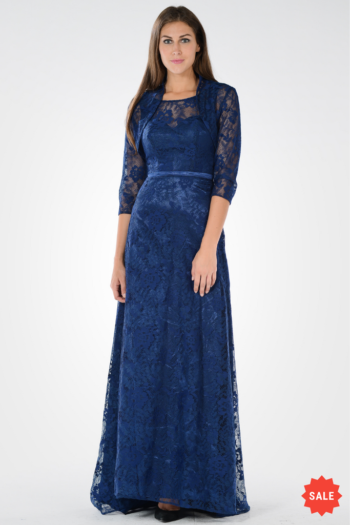 3/4 Sleeves Floor Length Lace Dress 7774 S / Navy 3/4 Sleeves Floor Length Lace Dress 7774 S / Navy