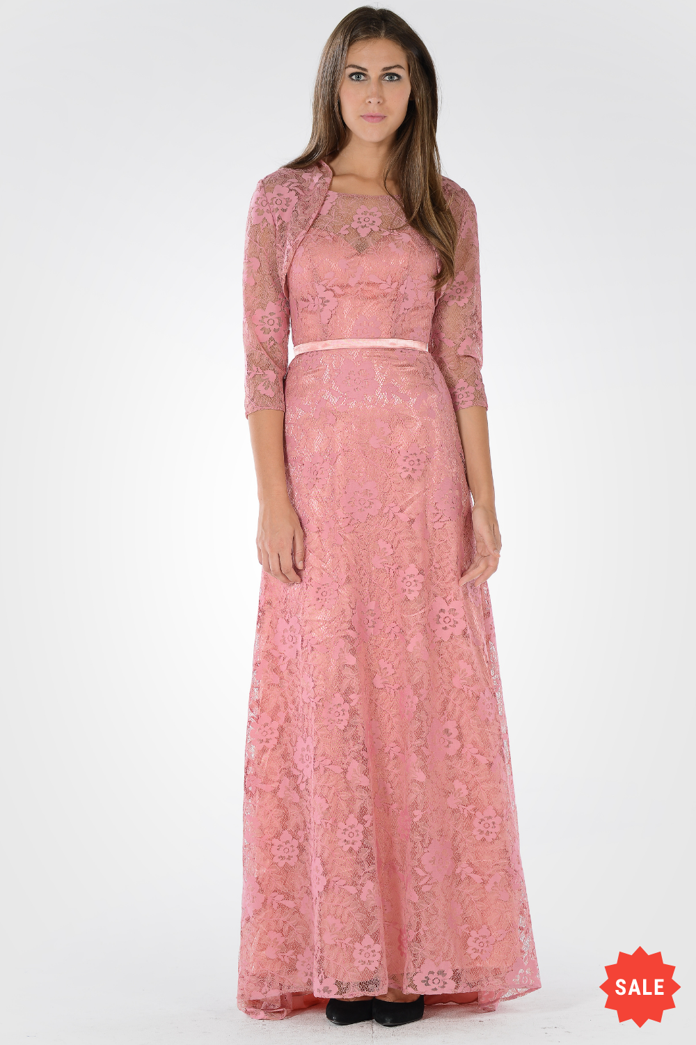 3/4 Sleeves Floor Length Lace Dress 7774 S / Navy 3/4 Sleeves Floor Length Lace Dress 7774 S / Navy