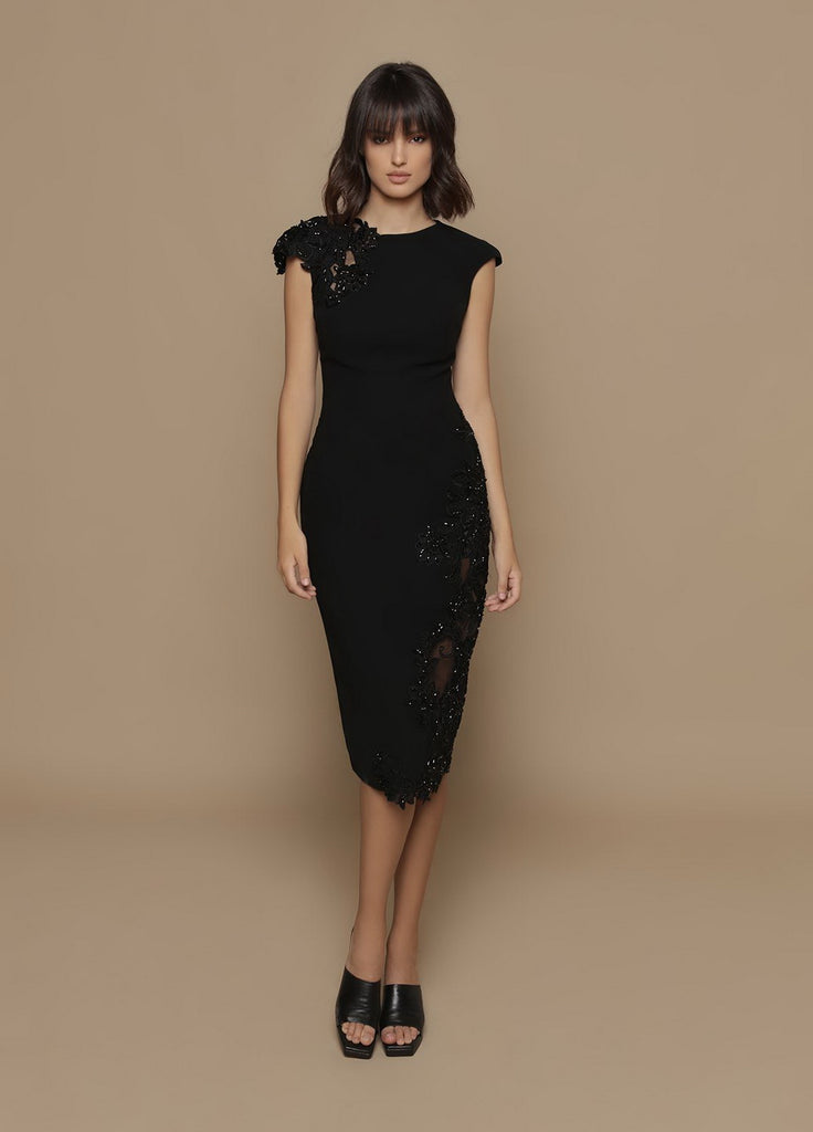 Tarik Ediz 10031 Beaded Shoulders Crepe Glamorous Black Midi Dress