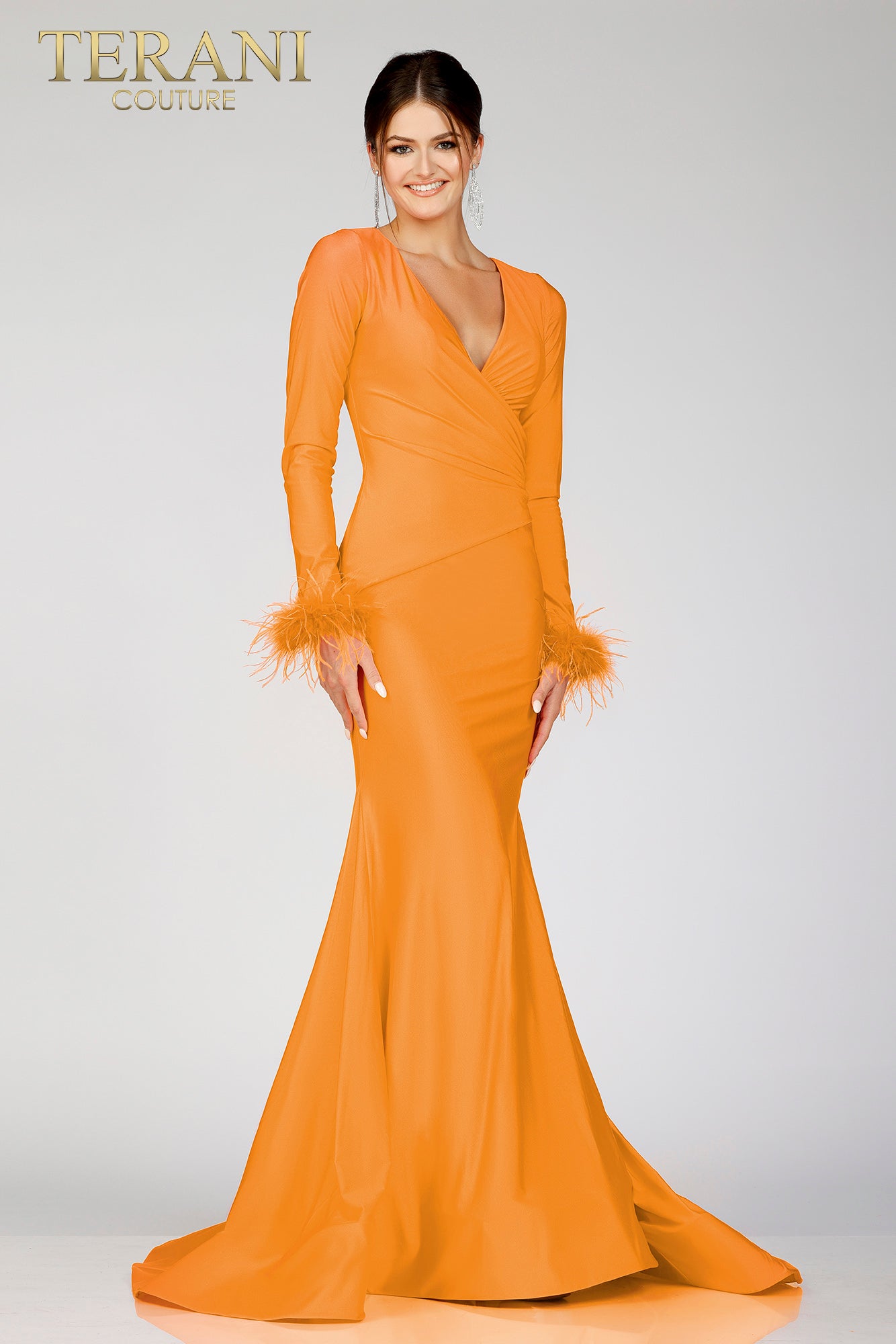 Long Sleeves Embellished Backless Evening Gown 231P0074 16 / Orange Long Sleeves Embellished Backless Evening Gown 231P0074 16 / Orange