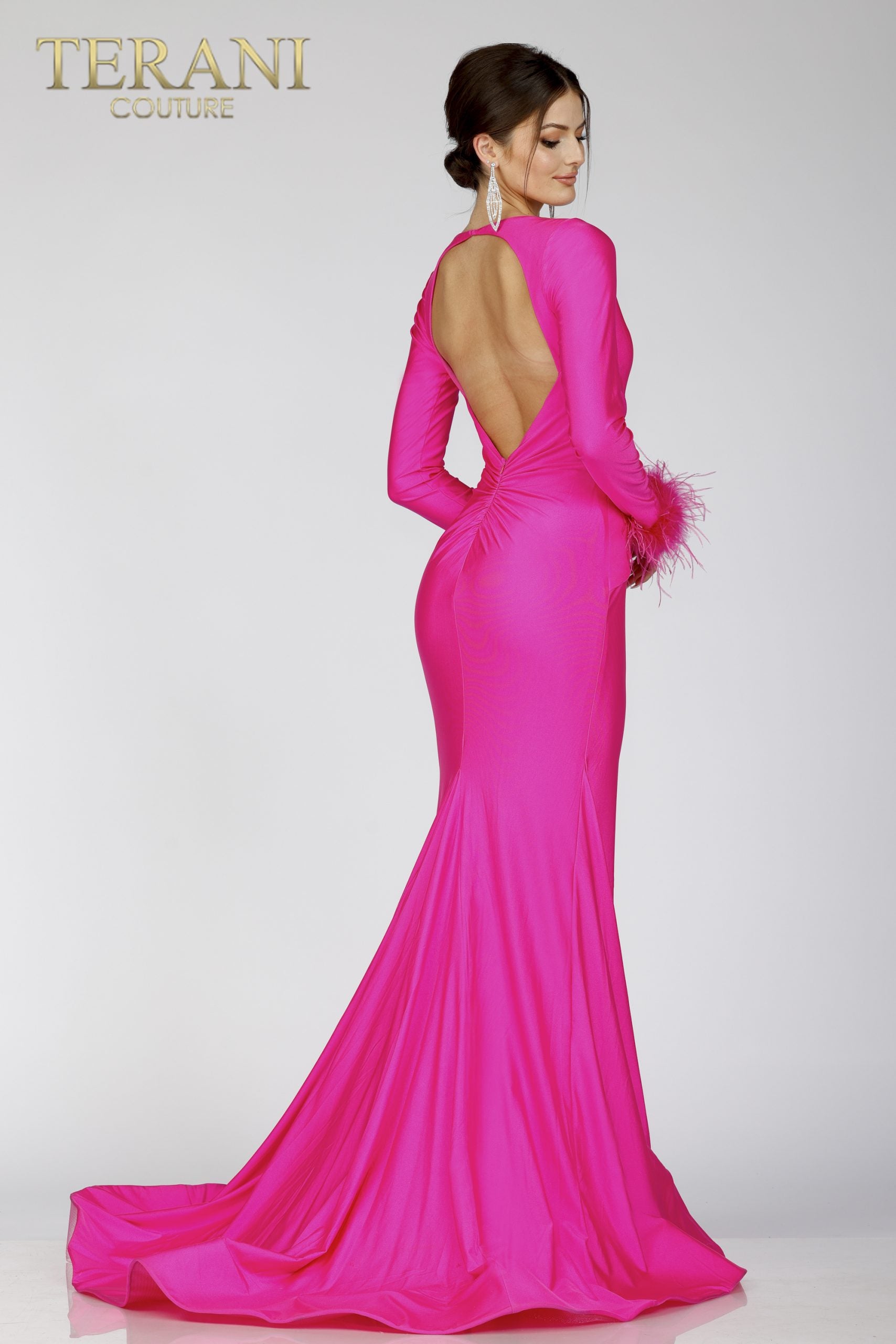 Long Sleeves Embellished Backless Evening Gown 231P0074 6 / Fuchsia Long Sleeves Embellished Backless Evening Gown 231P0074 6 / Fuchsia