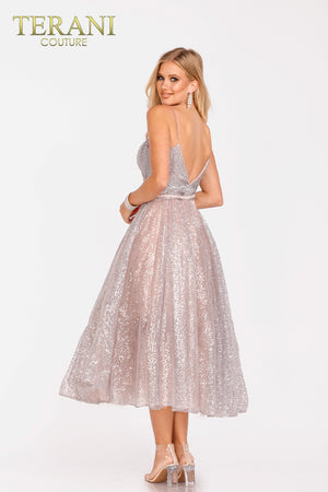 Glittering Sequin Tulle V-Neckline Midi Dress 231P0593