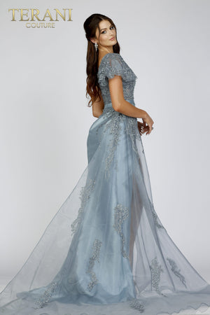 ON SALE SIZE 8 Terani 231E0517  Stone Embellishment Ruffled One Shoulder Sleeve Gown