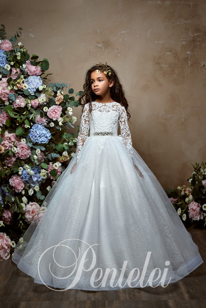 Long Sleeves Tulle Ball Gown Communion Flower Girl Dress Pentelei 2332