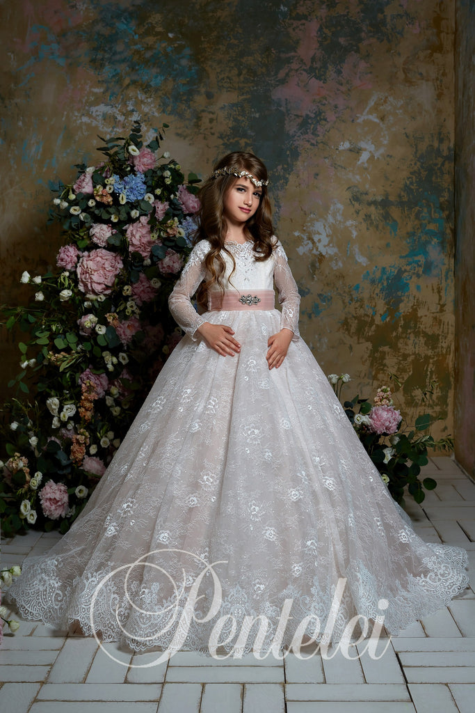 Long Sleeve A-line Vintage Communion Flower Girl Dress 2351