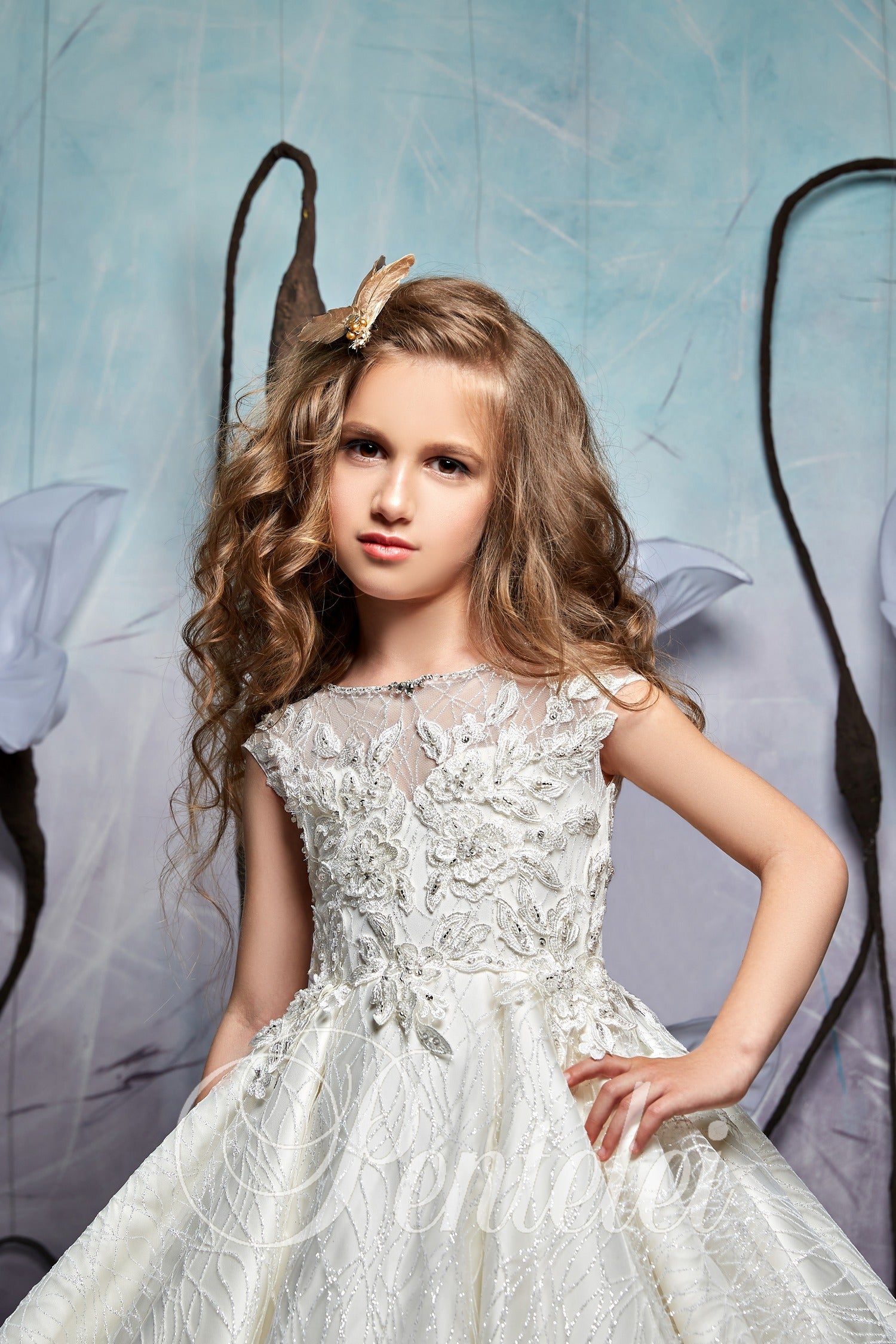Cap Sleeves Satin and Glitter Children Princess Gown 2357 Pre-order 5-6 years / Ivory