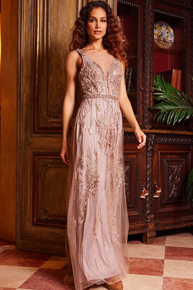 Plunging Neckline Embroidered Appliques Tulle Gown by Jovani 24057 0 / RoseGold (LightCoral) Plunging Neckline Embroidered Appliques Tulle Gown by Jovani 24057 0 / RoseGold (LightCoral)