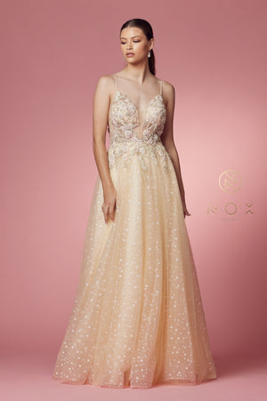 Embroidered Illusion Open Back Gown By Nox Anabel E1002
