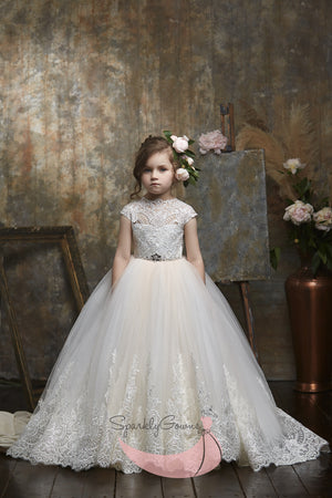 High Neck Lace  First Communion Flower Girl Dress 3047