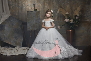 Off-the-shoulder  Sparkle Tulle First Communion Flower Girl Dress 3054