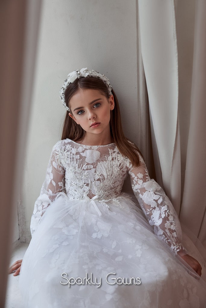 Long Sleeves A-line Flower Girl Communion Gown Celestial Pentelei 3113 ...