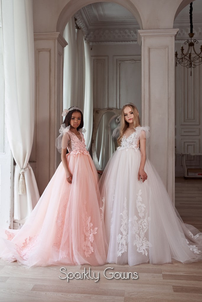 pink princess first communion dresses Pearl Decorated Puffy Pink Princess Dress for Girl's First Communion 1 / 6T