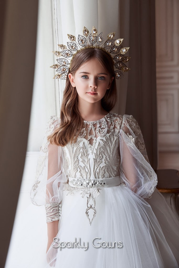 White Flower Pearl Crown Veil First Communion Flower Girl Accessories –  Sparkly Gowns