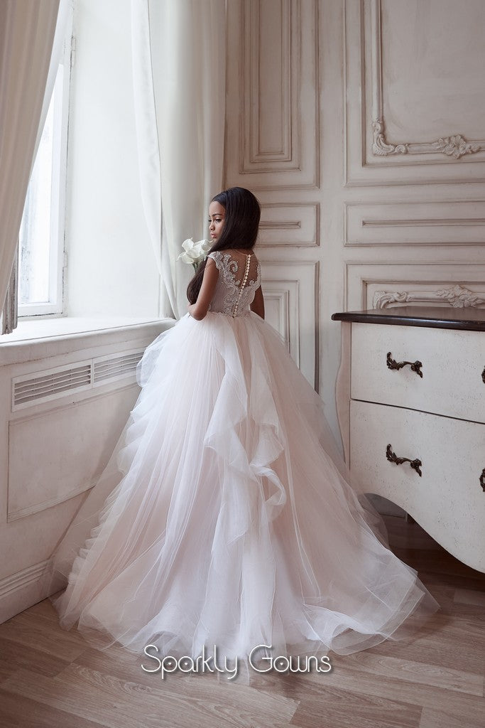 Cap Sleeves Illusion Back A-Line Princess Flower Girl Communion Dress Celestial Pentelei 3129 7-8 Years / As in The Picture (Ivory) Cap Sleeves Illusion Back A-Line Princess Flower Girl Communion Dress Celestial Pentelei 3129 7-8 Years / As in The Picture (Ivory)