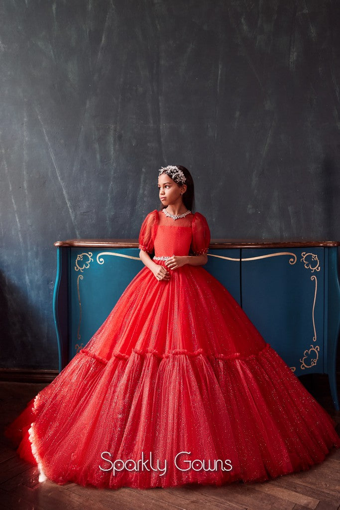 Princess Gown Red Long Sleeve Ball Gown Tulle Half Sleeves Red