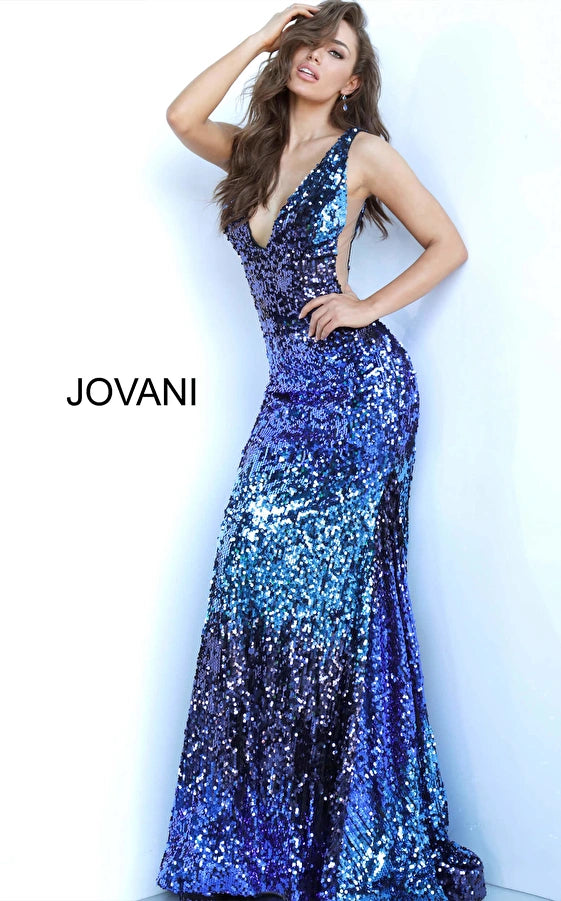 Jovani 3192 Blue Multi Sequin Plunging V Neck Sparkly Gowns Jovani 3192 Blue Multi Sequin Plunging V Neck Sparkly Gowns