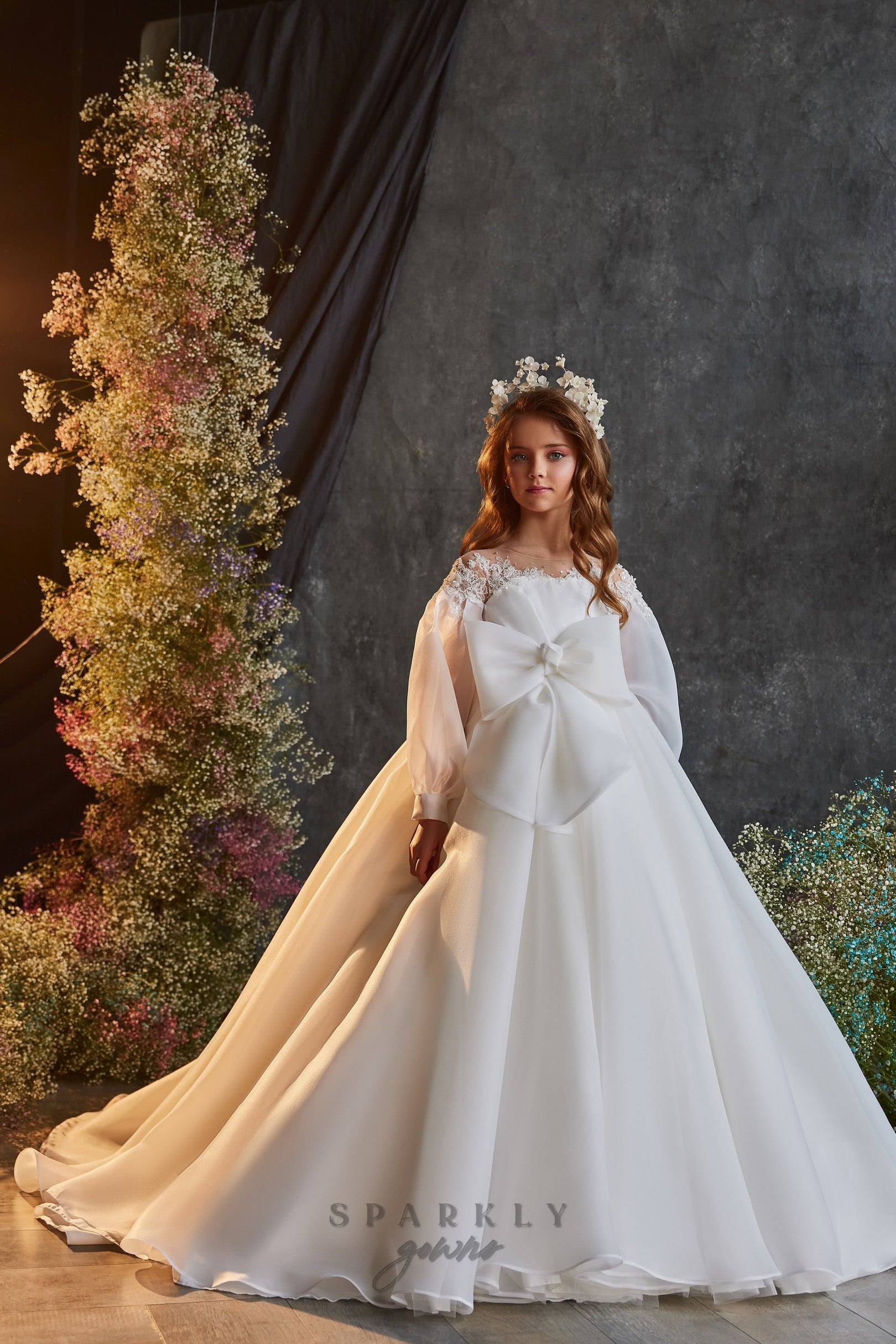 Chic Bishop Sleeves Big Bow A-line Skirt Flower Girl Communion