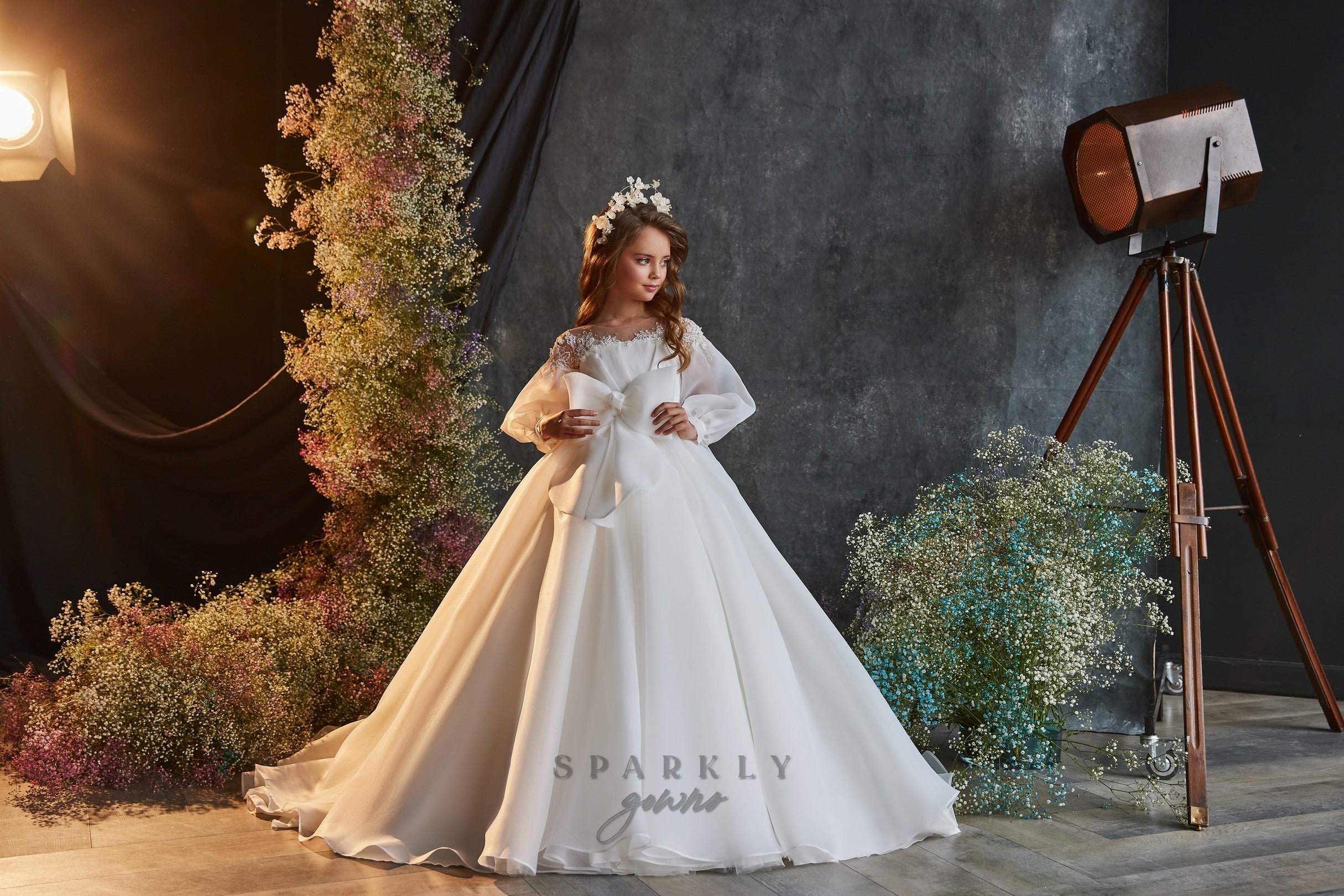 Chic Bishop Sleeves A-line Skirt Flower Girl Communion Dress Celestial – Sparkly Gowns Chic Bishop Sleeves A-line Skirt Flower Girl Communion Dress Celestial – Sparkly Gowns