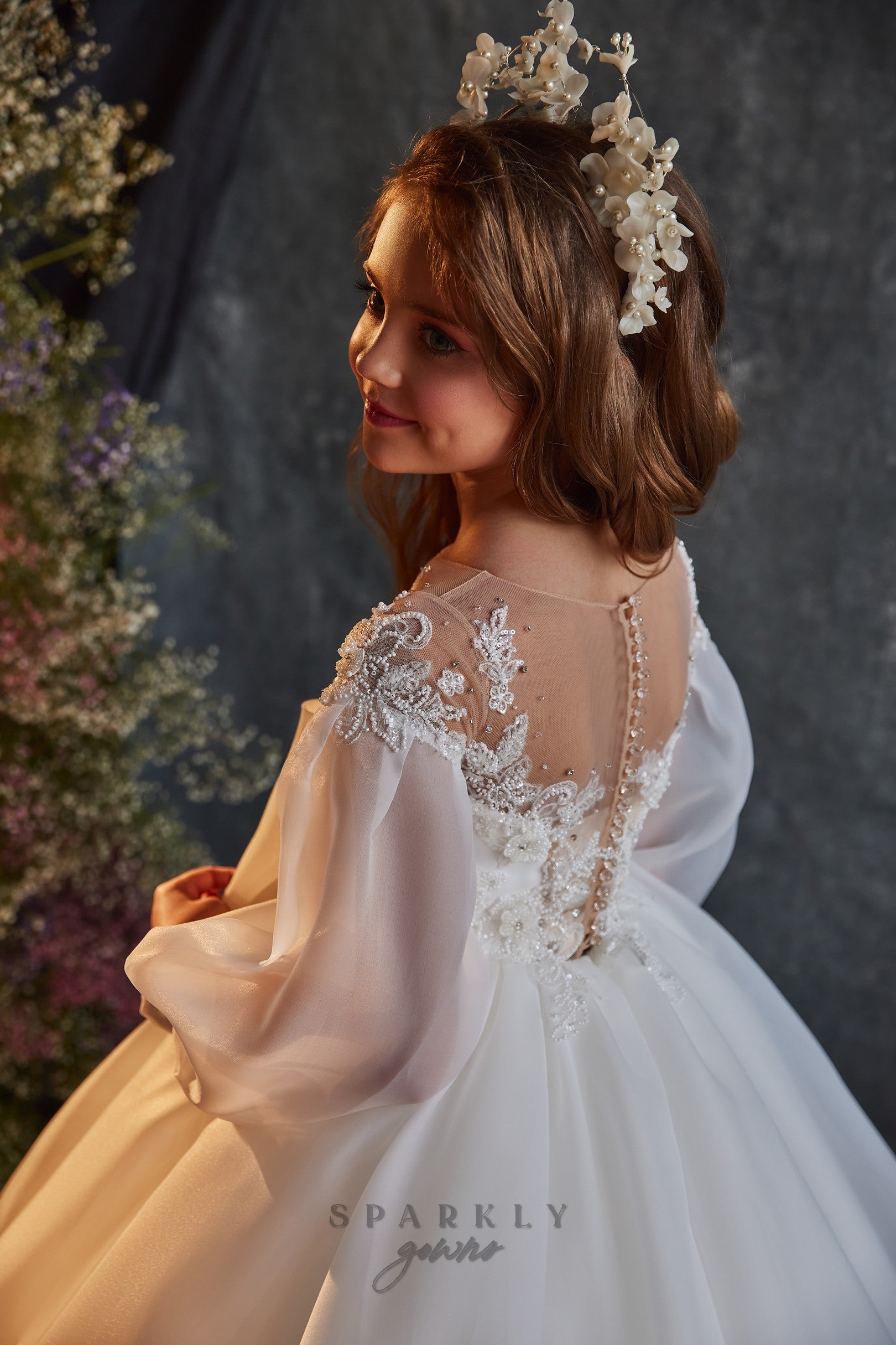 designer flower girl dresses Chic Bishop Sleeves A-line Skirt Flower Girl Communion Dress Celestial – Sparkly Gowns