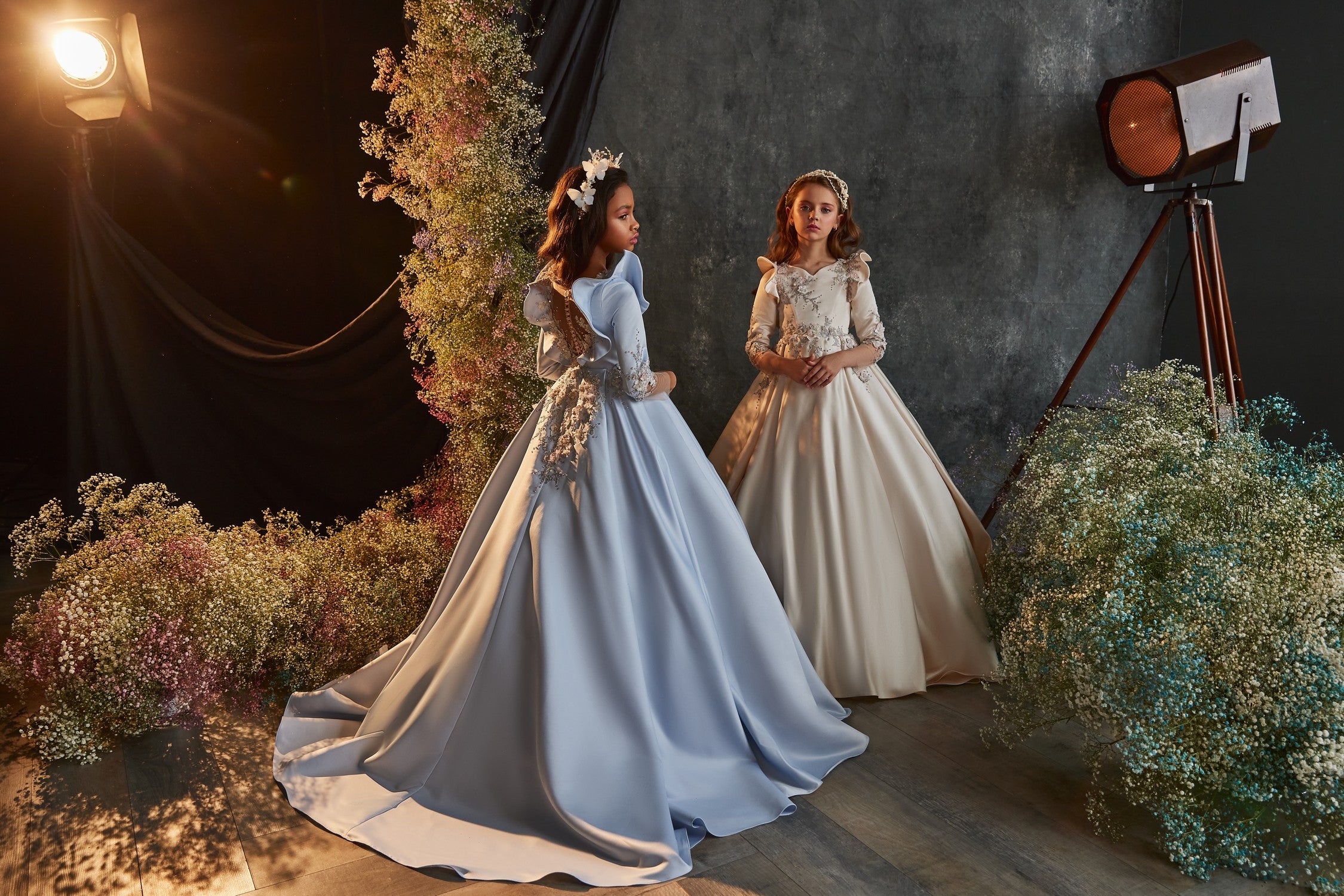 elegant flower girl dresses Chic Luxury Satin Flounces Sleeves Ball Gown Flower Girl Communion Dress Celestial 3205 Pre-order 5-6 years / Ivory (With different lace)