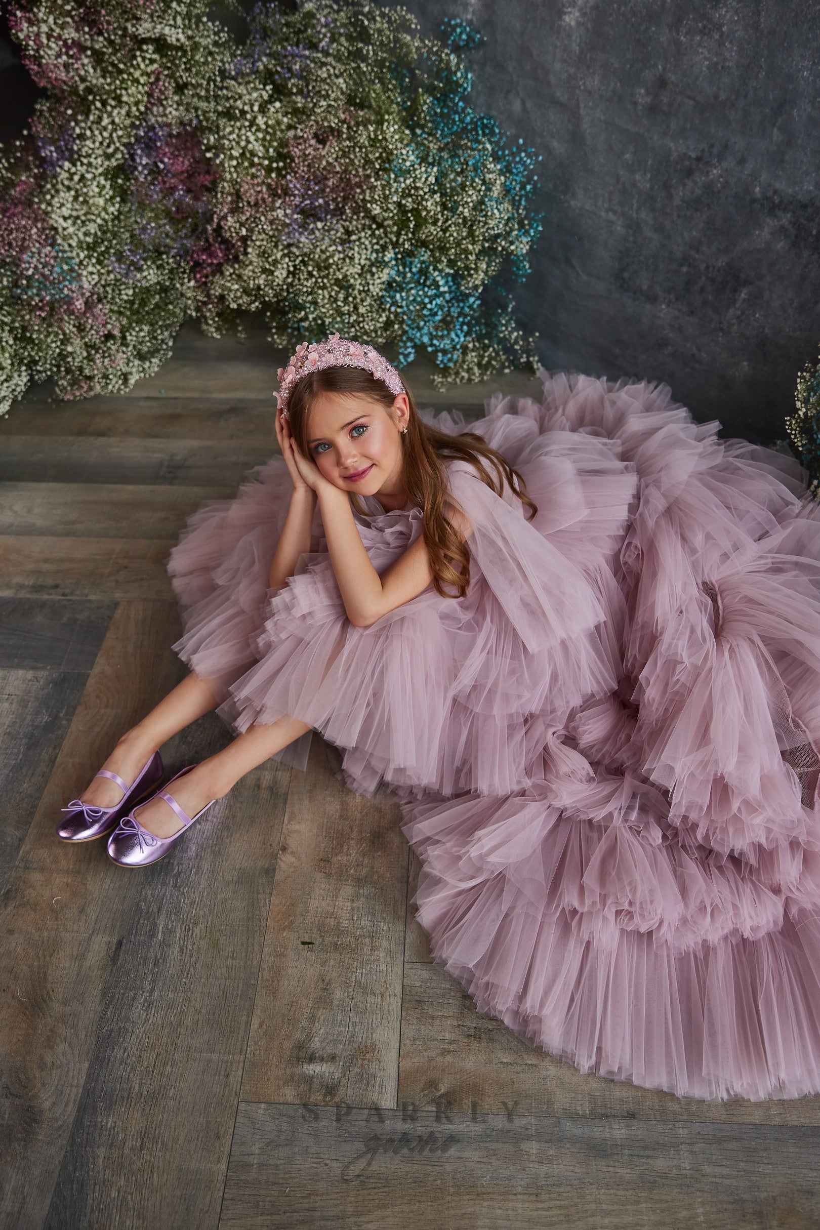 High-Low Ruffles Wings Sleeves Tulle Flower Girl Dress Celestial 3213 Pre-order Custom Size >11 +$50 / As in the picture (Plum)
