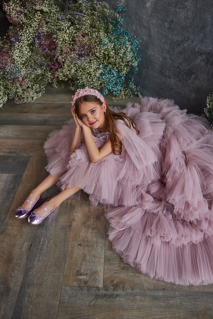 High-Low Ruffles Wings Sleeves Tulle Flower Girl Dress Celestial 3213 Pre-order Custom Size >11 +$50 / As in the picture (Plum)