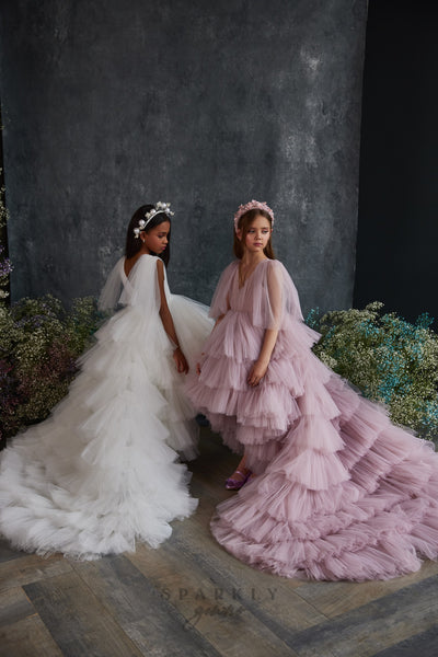 High-Low Ruffles Wings Sleeves Tulle Flower Girl Dress Celestial
