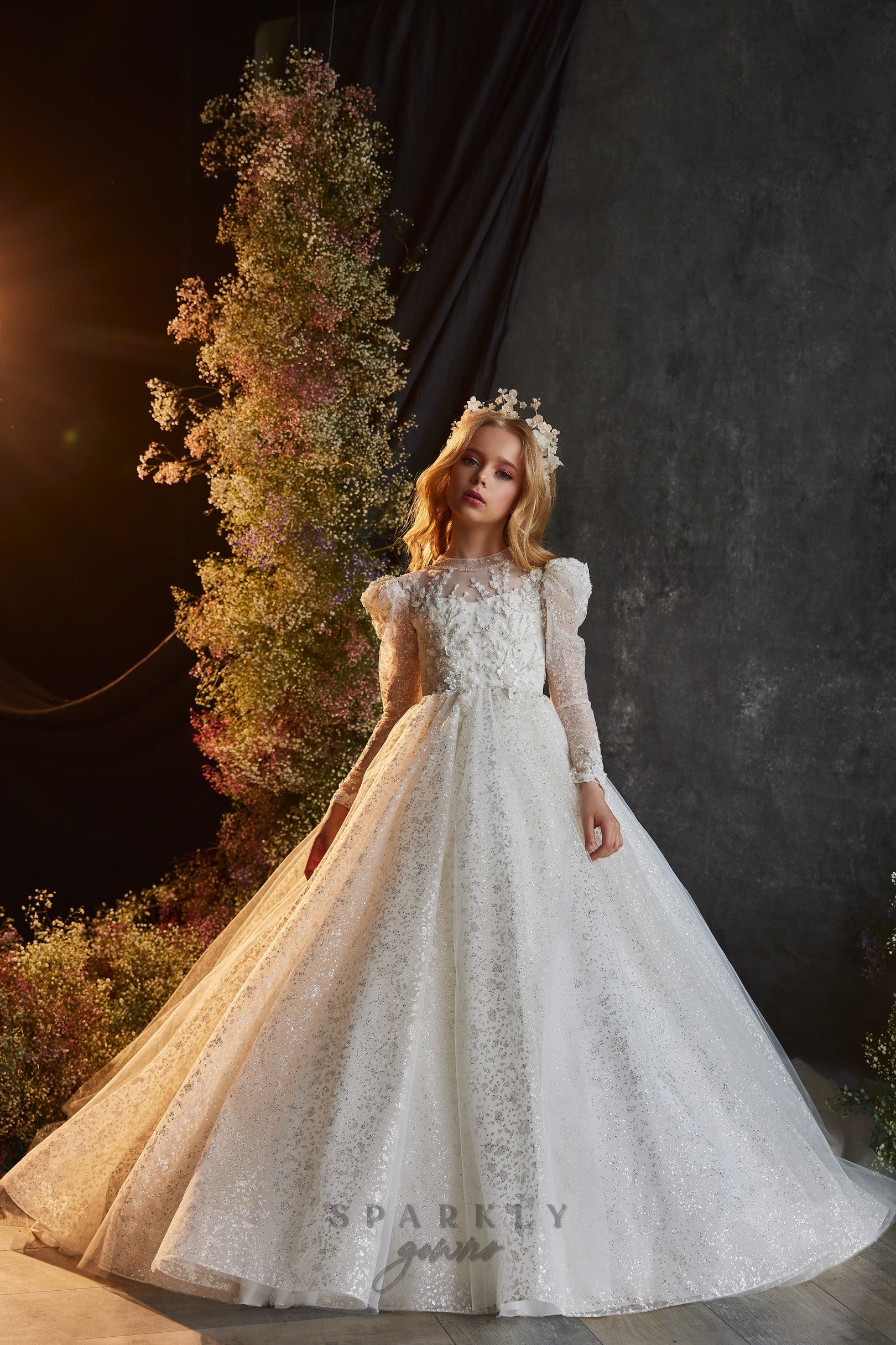 Puffed Long Sleeves Sparkle Tulle Flower Girl Communion Dress Celestial 3221 Pre-Order 4 Years / Ivory Puffed Long Sleeves Sparkle Tulle Flower Girl Communion Dress Celestial 3221 Pre-Order 4 Years / Ivory