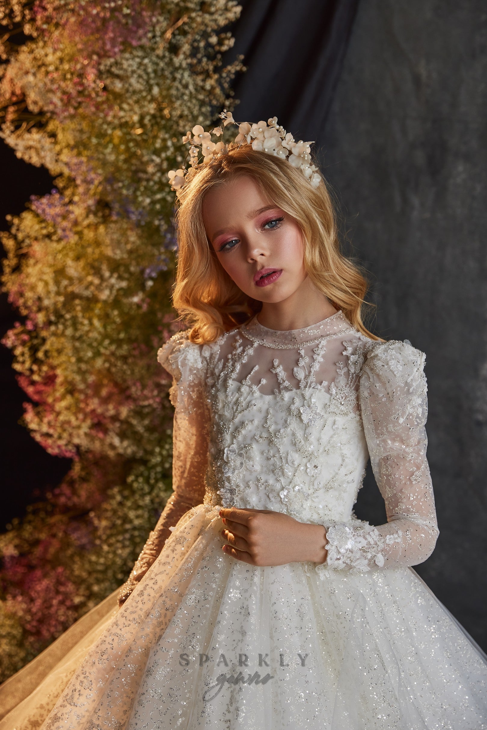Puffed Long Sleeves Sparkle Tulle Flower Girl Communion Dress Celestial 3221 Pre-order 4 years / Ivory Puffed Long Sleeves Sparkle Tulle Flower Girl Communion Dress Celestial 3221 Pre-order 4 years / Ivory