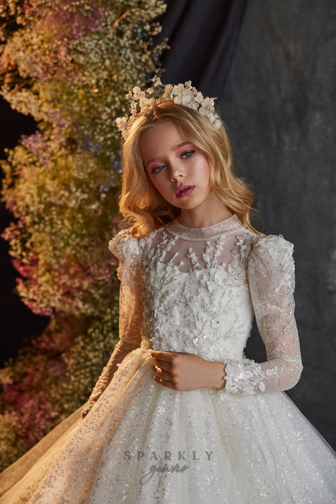 Puffed Long Sleeves Sparkle Tulle Flower Girl Communion Dress Celestial 3221 Pre-order 4 years / Ivory Puffed Long Sleeves Sparkle Tulle Flower Girl Communion Dress Celestial 3221 Pre-order 4 years / Ivory
