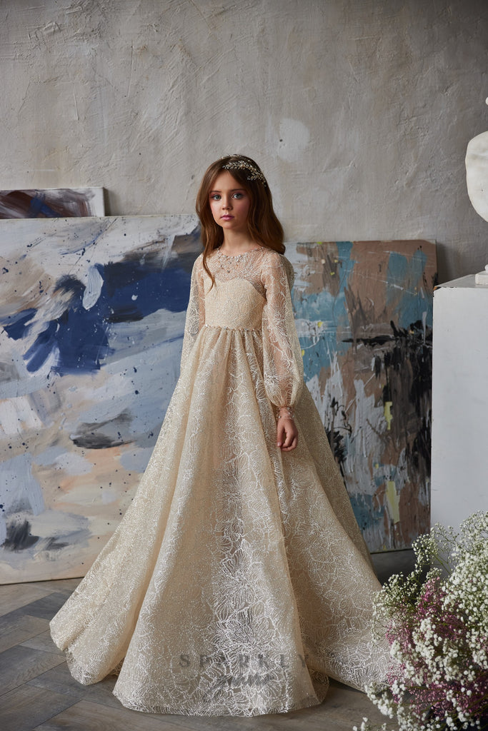 Long Sleeves Glitter Children Dress Celestial 3225 Pre-order Custom Size <11 / As in the photo Cappuccino (BurlyWood)