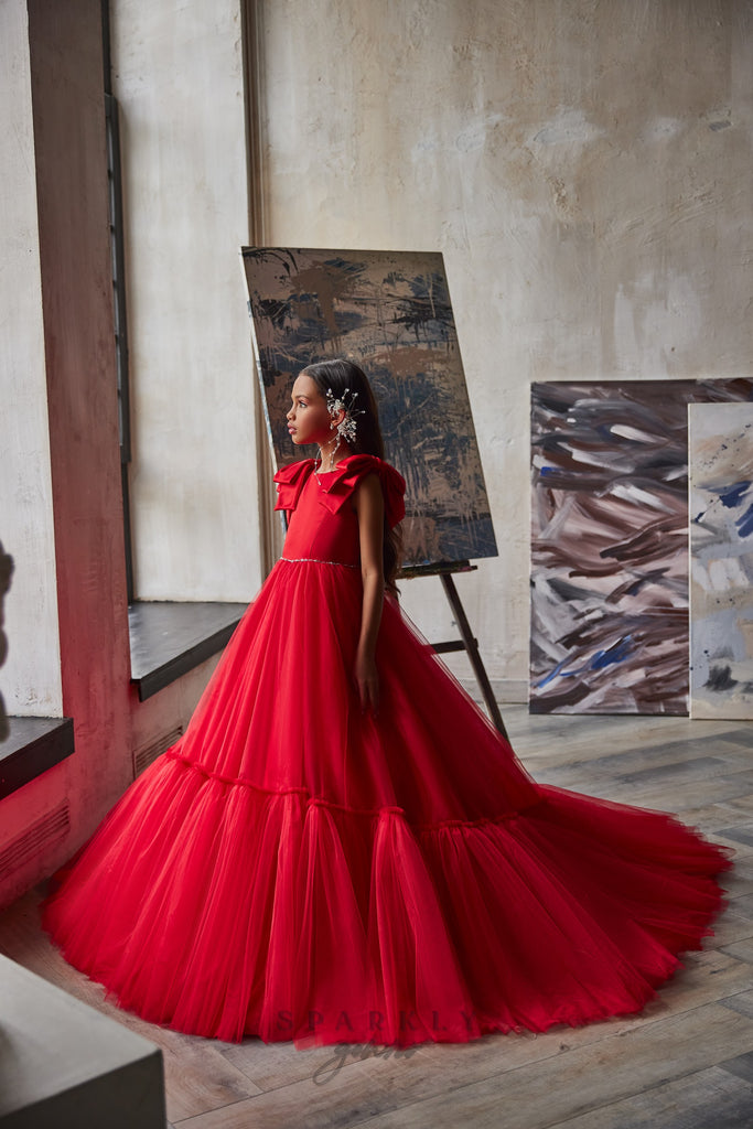 Tiered Ruffle Hem Puff Long Sleeve Asymmetric Hem Maxi Dress Red