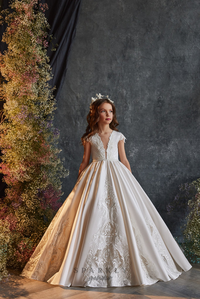 Luxury Satin Plunging Neckline First Communion Dress Flower Girl