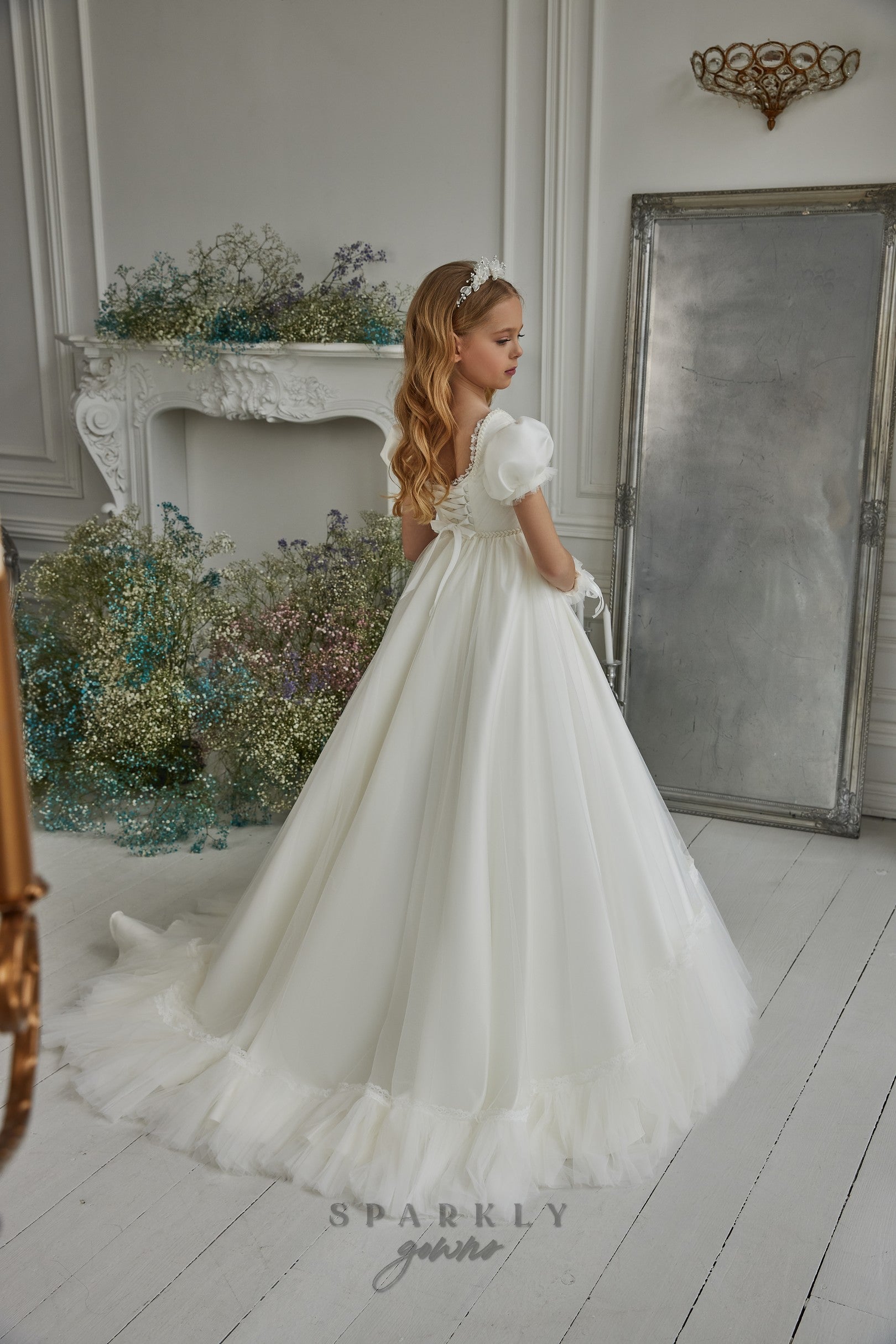 Puffed Sleeves First Communion Dress Celestial 3300 Pre-order 2-3 years / As in the photo (Ivory)