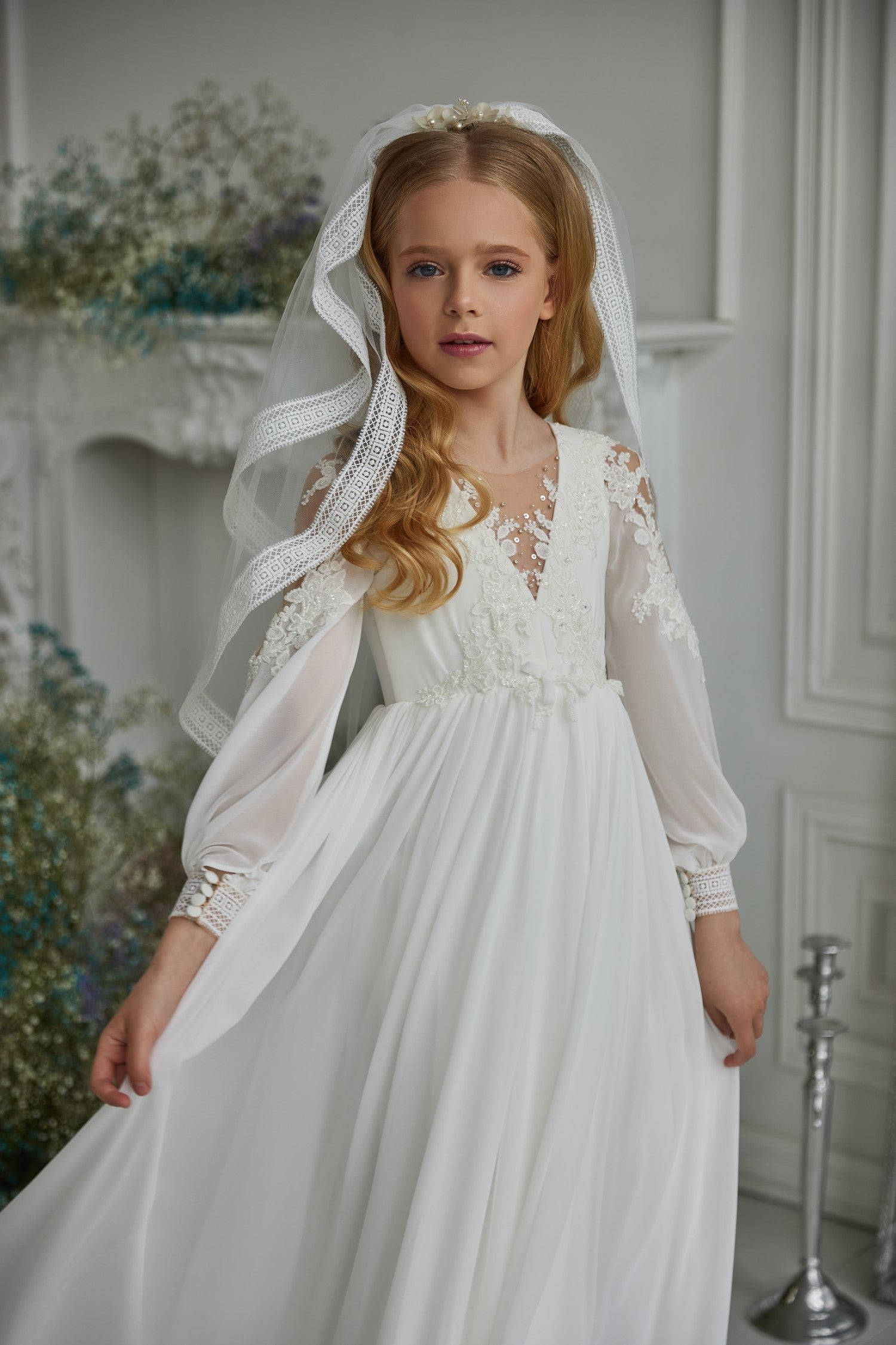 First Communion Veil, Floral & Rhinestone, 2-Tiered, Corded Veil