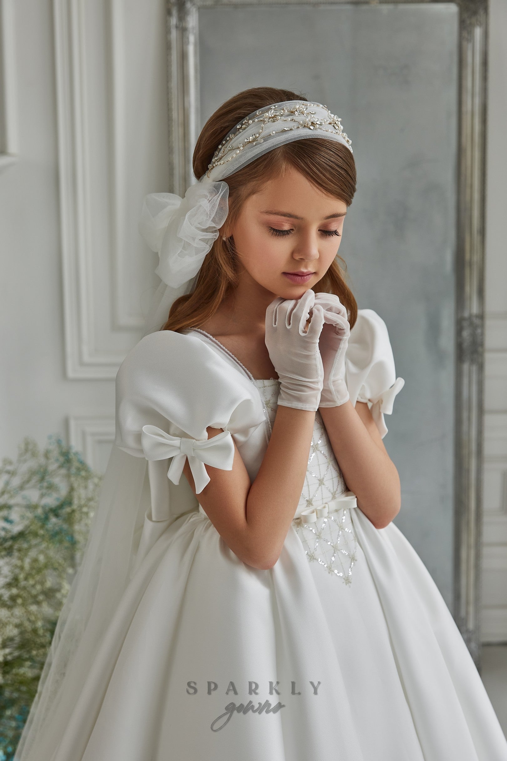 Puffed Sleeves Lace and Satin First Communion Dress Celestial 3302 –  Sparkly Gowns