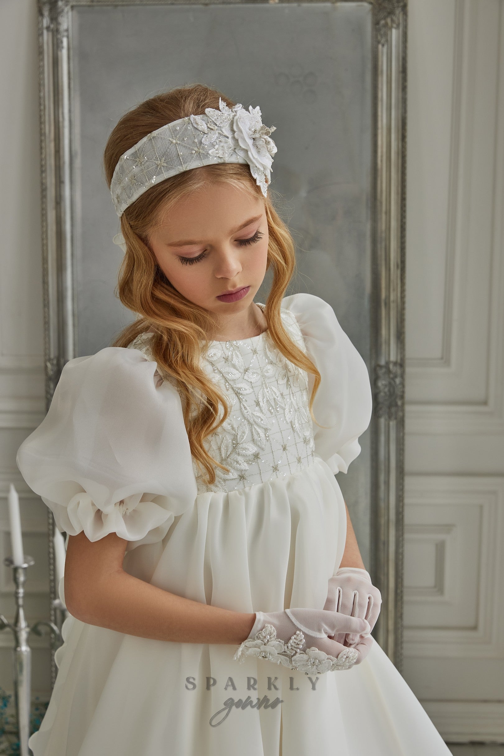 High Waistline Puffed Sleeves A-line Skirt First Communion Dress Celestial 3304 Pre-order 11-12 years / White with other lace High Waistline Puffed Sleeves A-line Skirt First Communion Dress Celestial 3304 Pre-order 11-12 years / White with other lace
