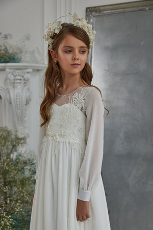 Long Sleeves Detailed Top First Communion Dress Celestial 3315
