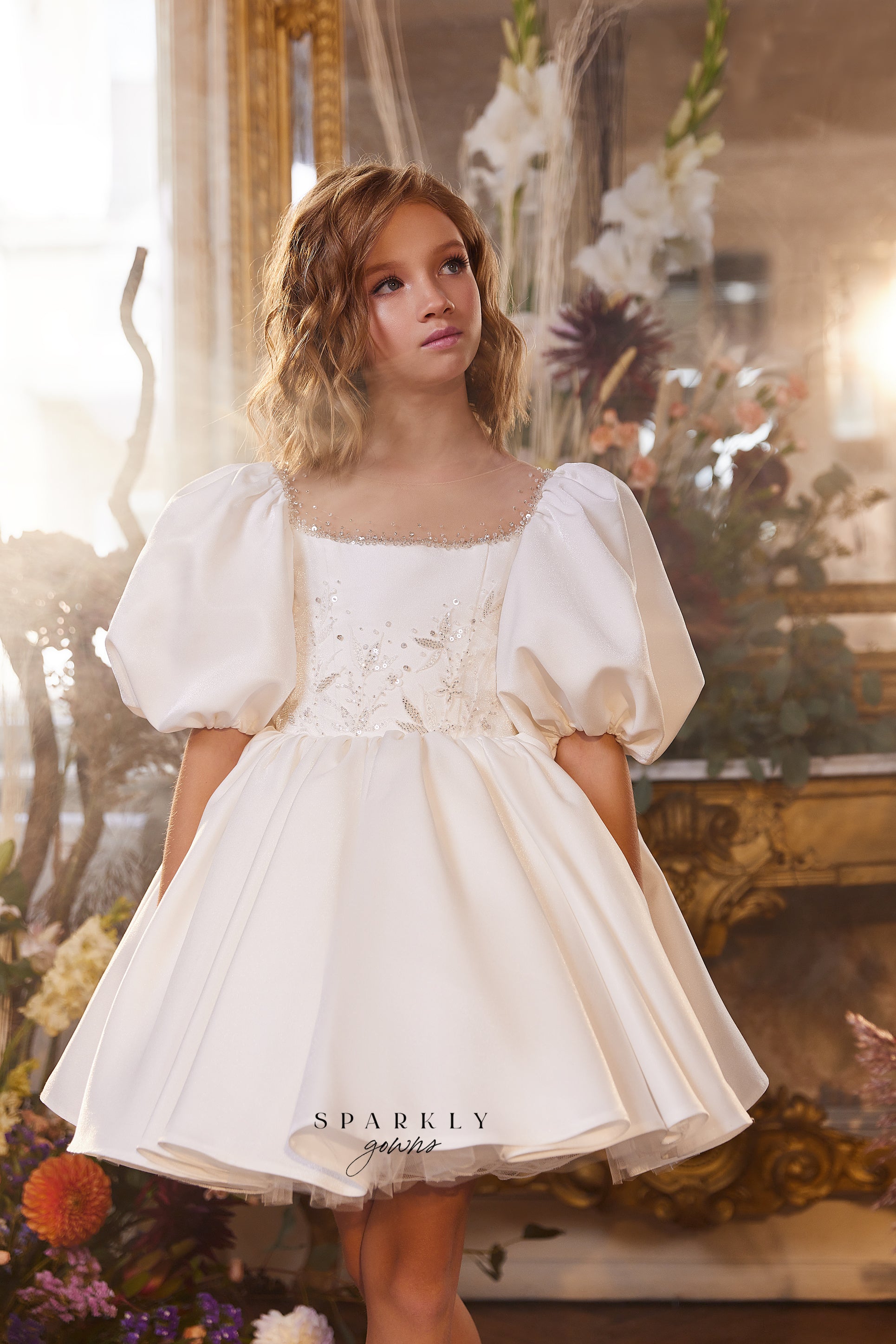 communion dresses little falls nj Flutter Sleeves Satin First Communion Dress Celestial 3310 Pre-order Custom Size >11 +$40 / White