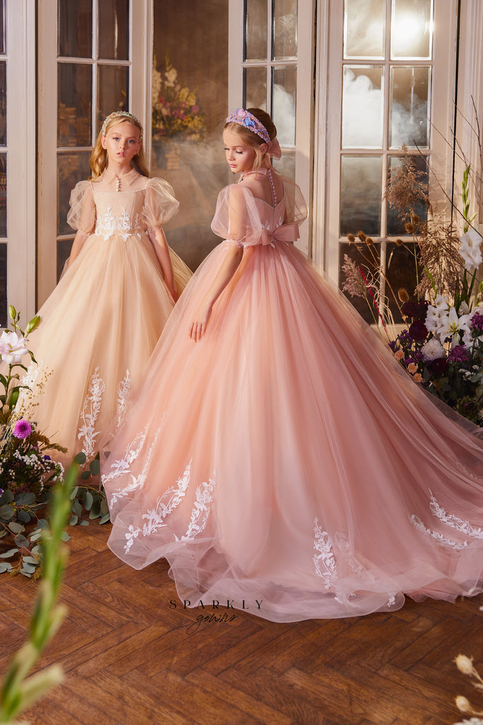 Puffy Sleeves Flower Girl First Communion Dress Celestial 3414 2-3 years / LightPink Puffy Sleeves Flower Girl First Communion Dress Celestial 3414 2-3 years / LightPink
