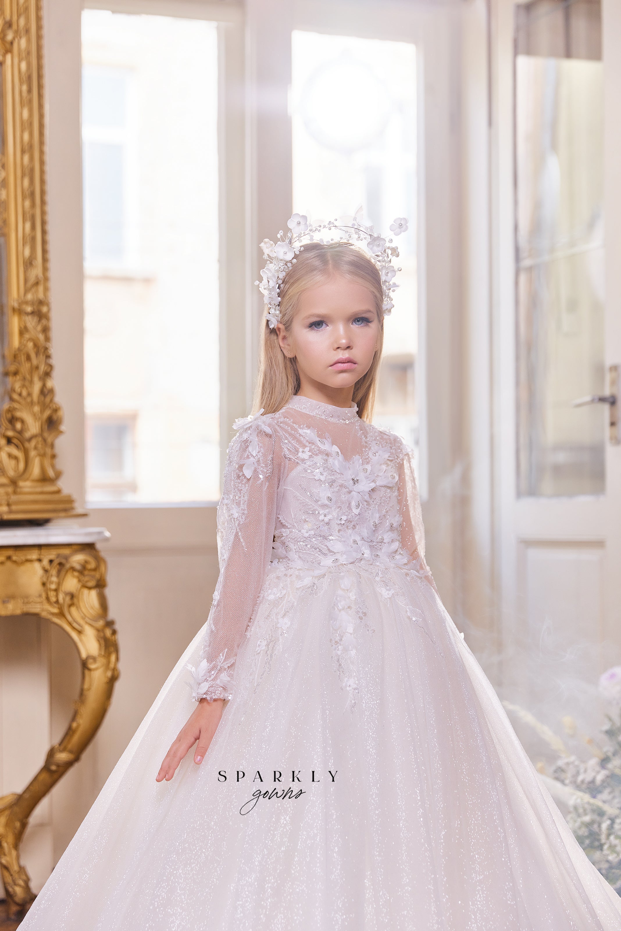 Puffed Long Sleeves Sparkle Tulle Floral Appliques Flower Girl