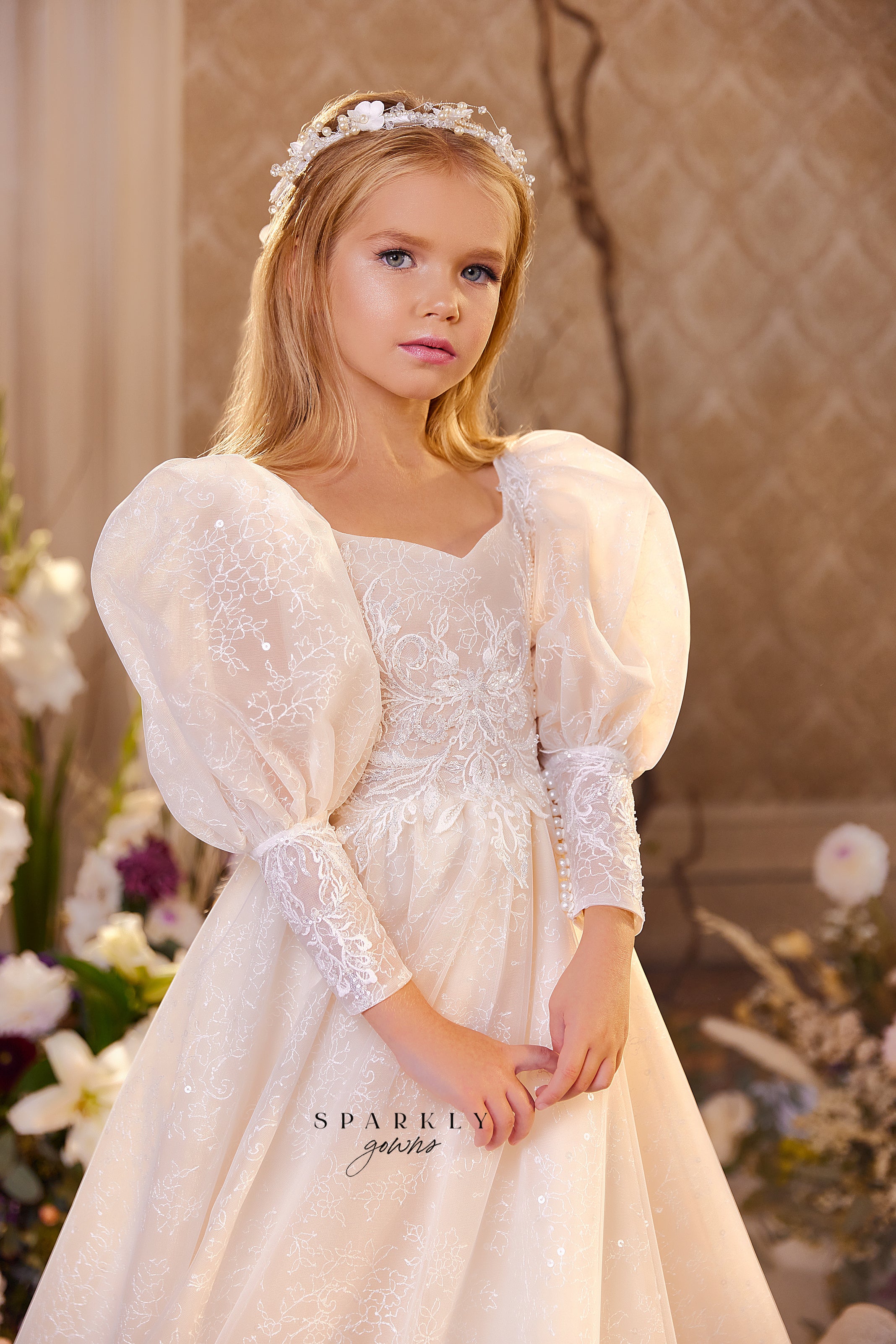 Long Puff Sleeves Flower Girl First Communion Dress Celestial 3418