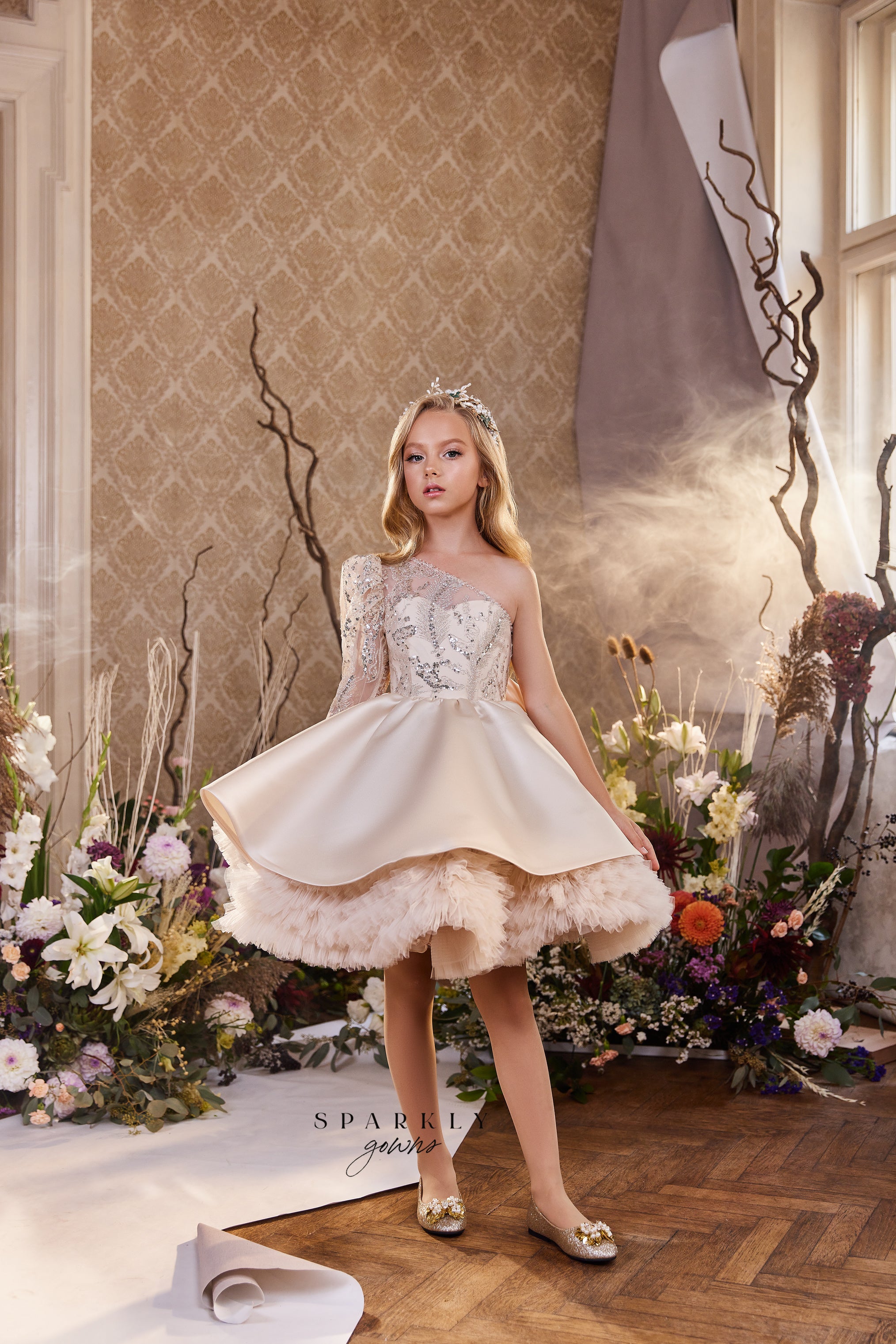 One Shoulder Flower Girl First Communion Short Dress Celestial 3419 2-3 years / Ivory