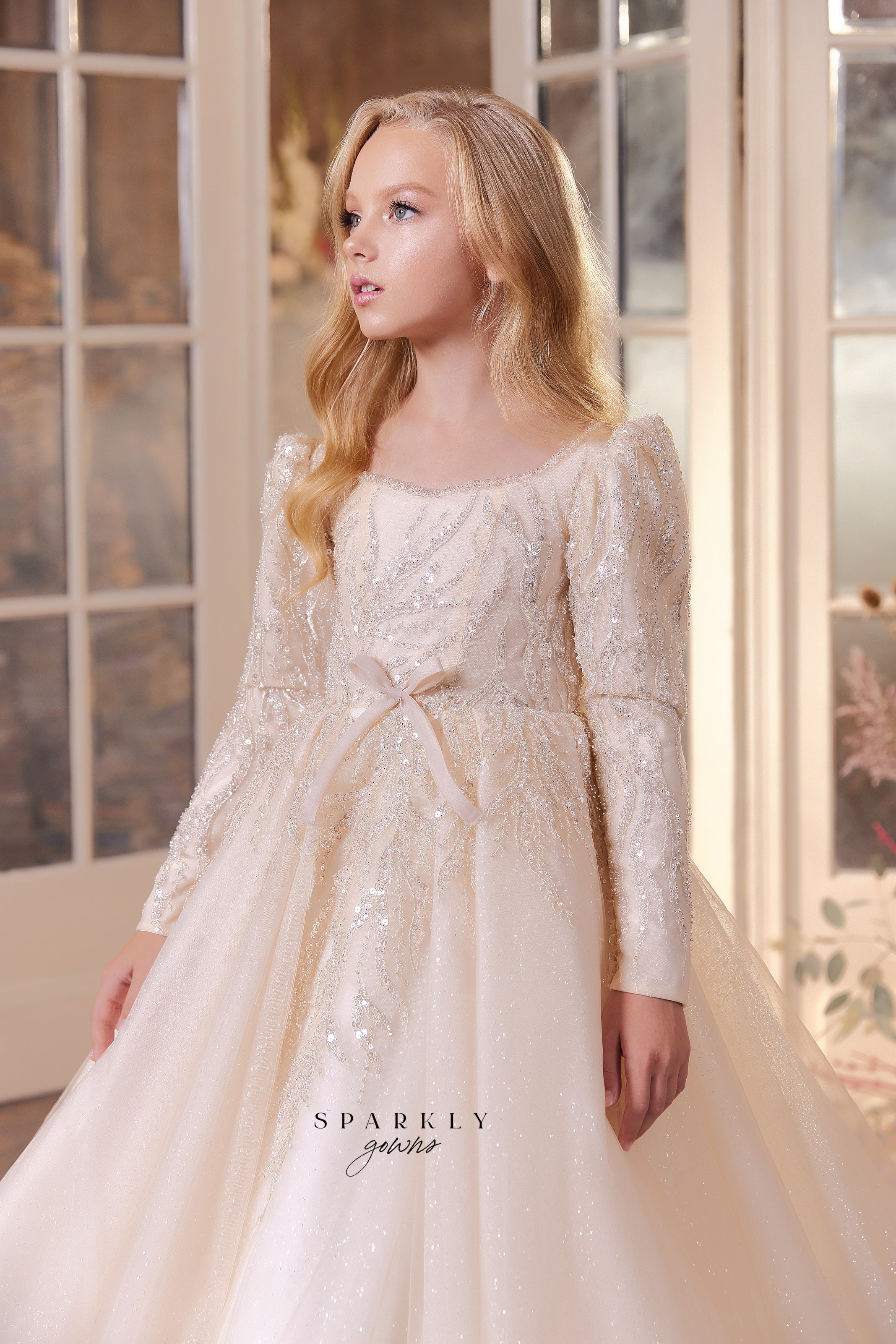 Long Sleeves Flower Girl First Communion Gown Celestial 3424 2-3 years / Ivory Long Sleeves Flower Girl First Communion Gown Celestial 3424 2-3 years / Ivory