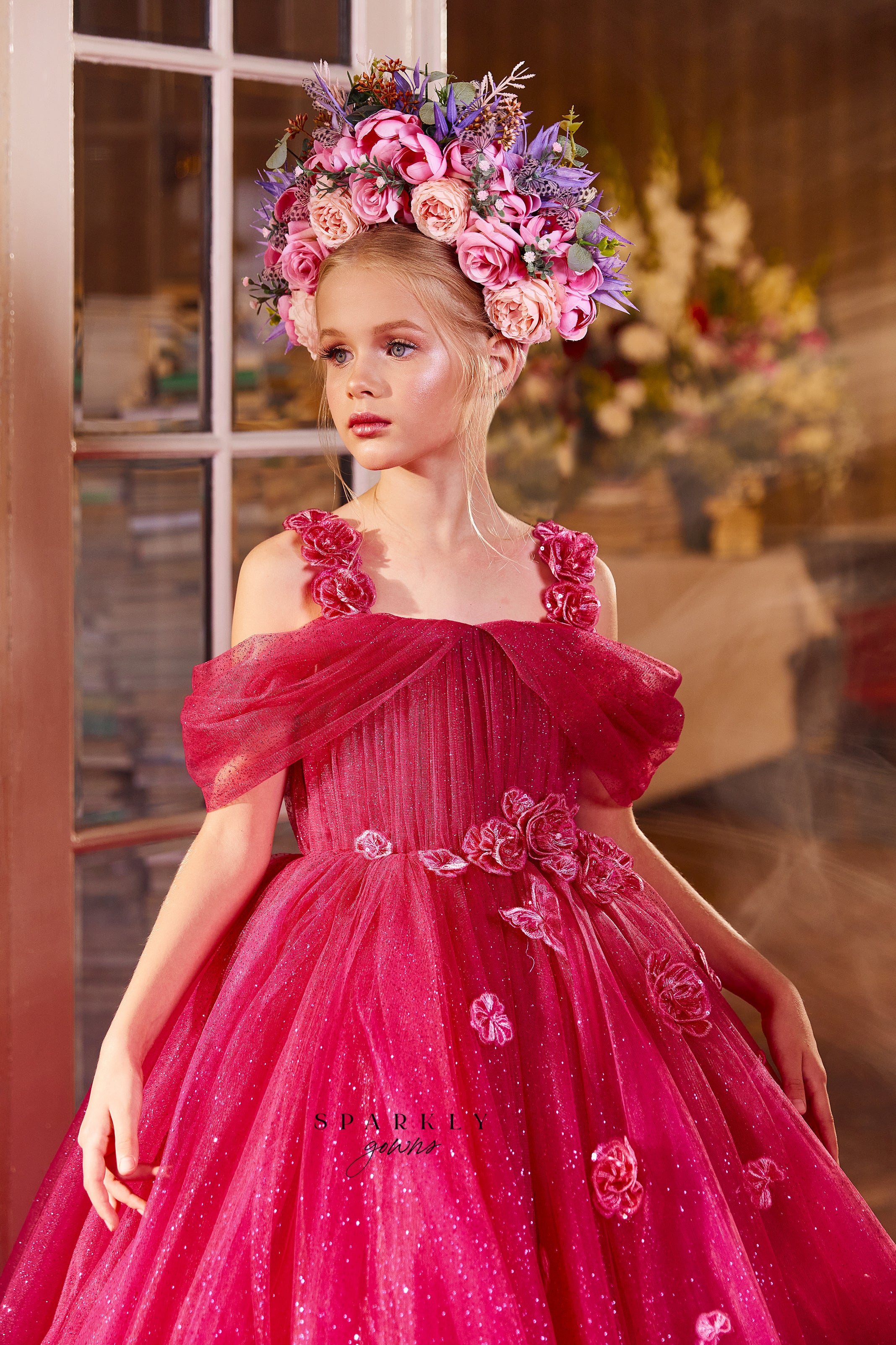 Flower Girl Bead Decoration Long Dress Wedding Party Off Shoulder Kids –  The Event Lady Store
