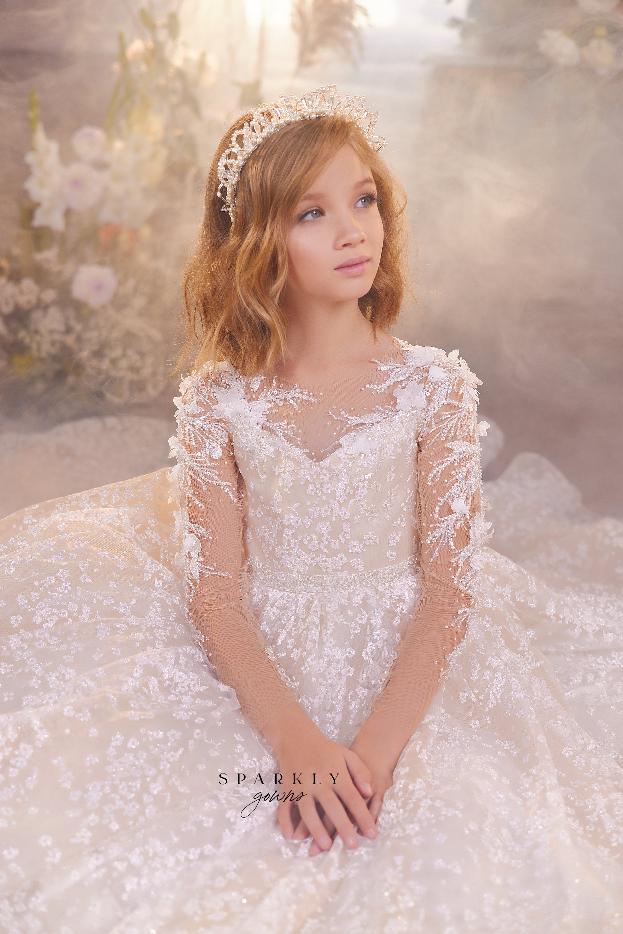 Illusion V-Neckline Floral Girl First Communion Gown Celestial 3428 Sparkly Gowns Illusion V-Neckline Floral Girl First Communion Gown Celestial 3428 Sparkly Gowns