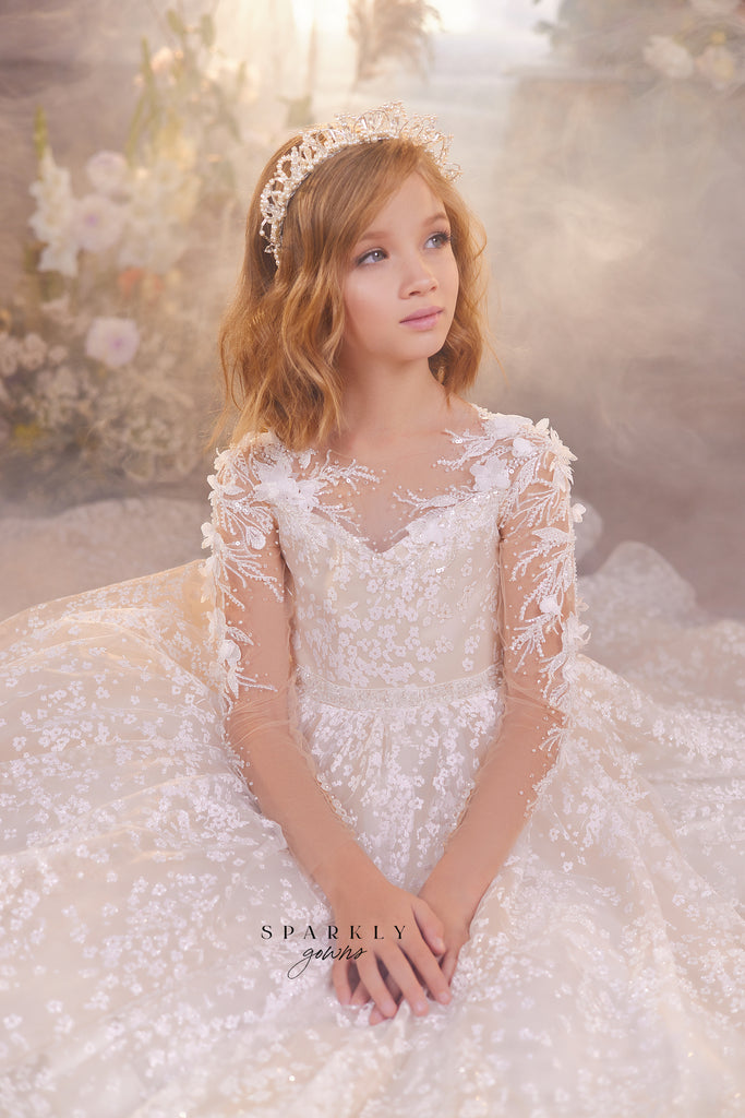 Illusion V-Neckline Floral Girl First Communion Gown Celestial 3428